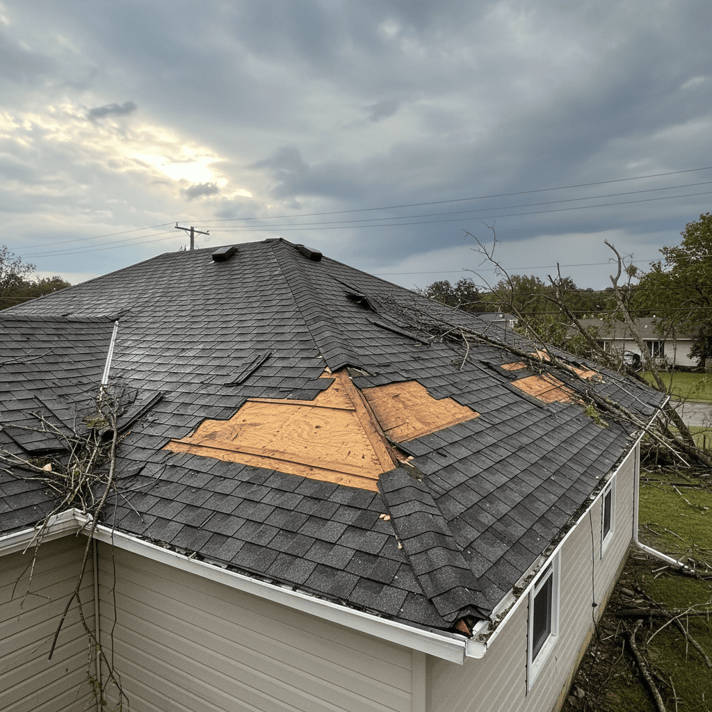 Torn and lifted asphalt shingles on a roof after strong winds