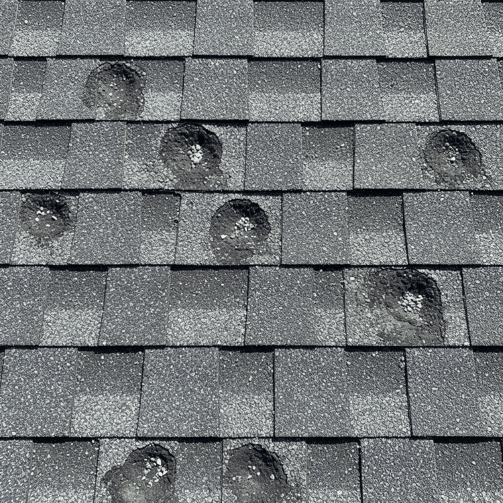 Close-up of hail-damaged shingles showing bruising and granule loss