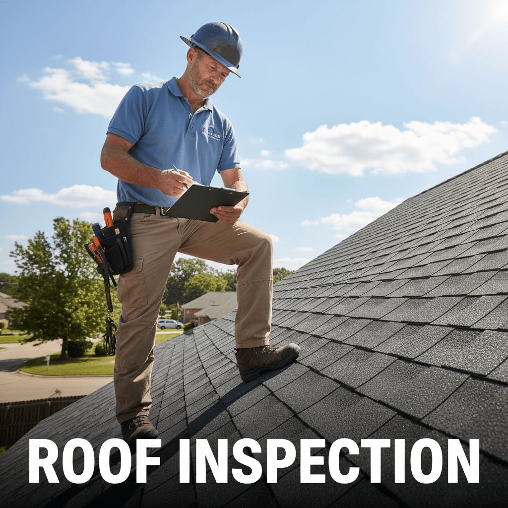 Roofing contractor inspecting a residential roof with a clipboard on a sunny day