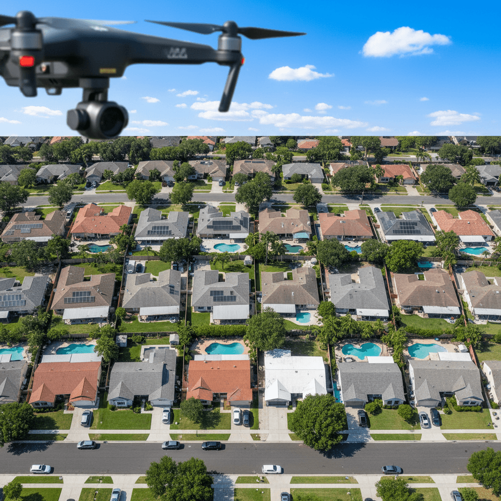 Drone hovering above a house roof for inspection