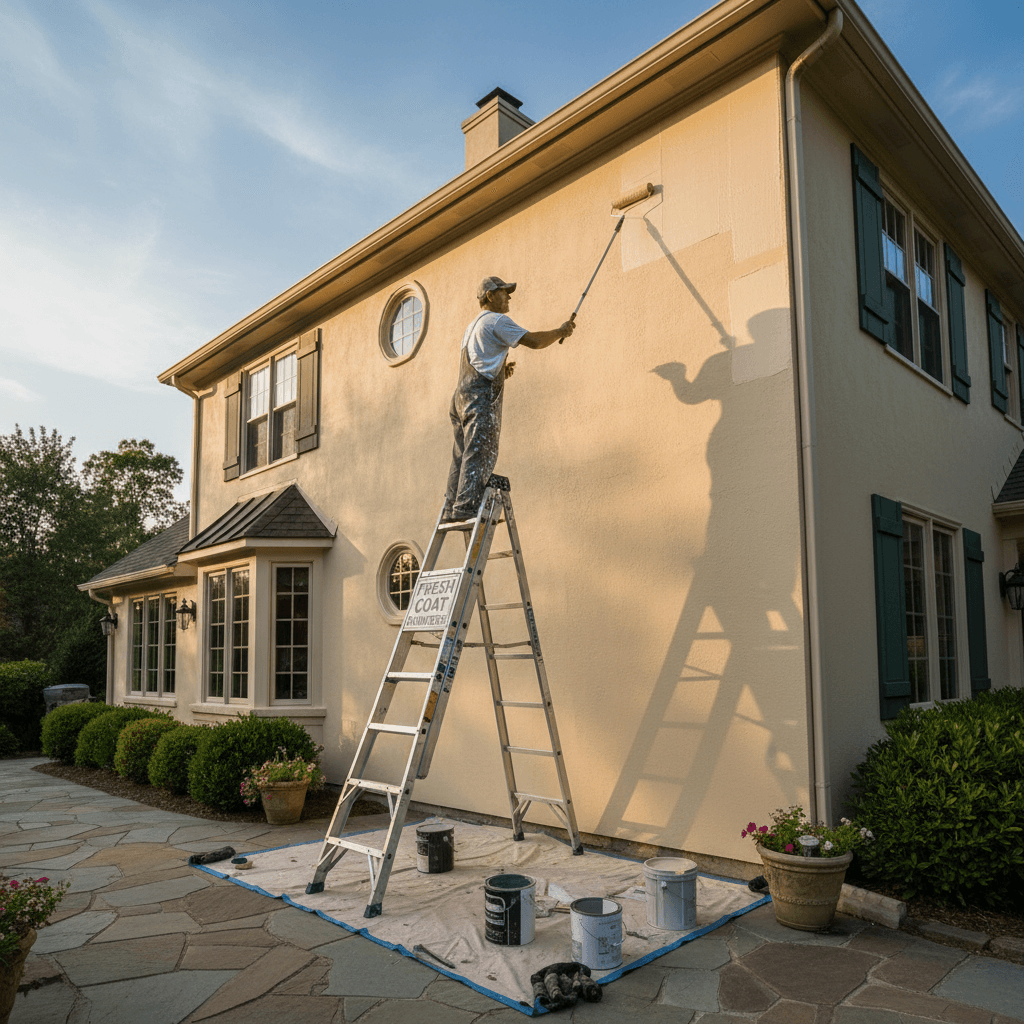 Painter painting the exterior wall of a house