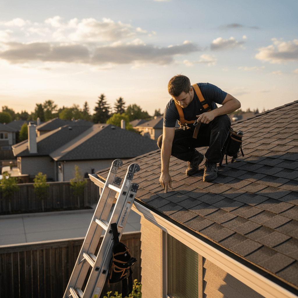 Roofer inspecting shingles on a residential roof in Texas