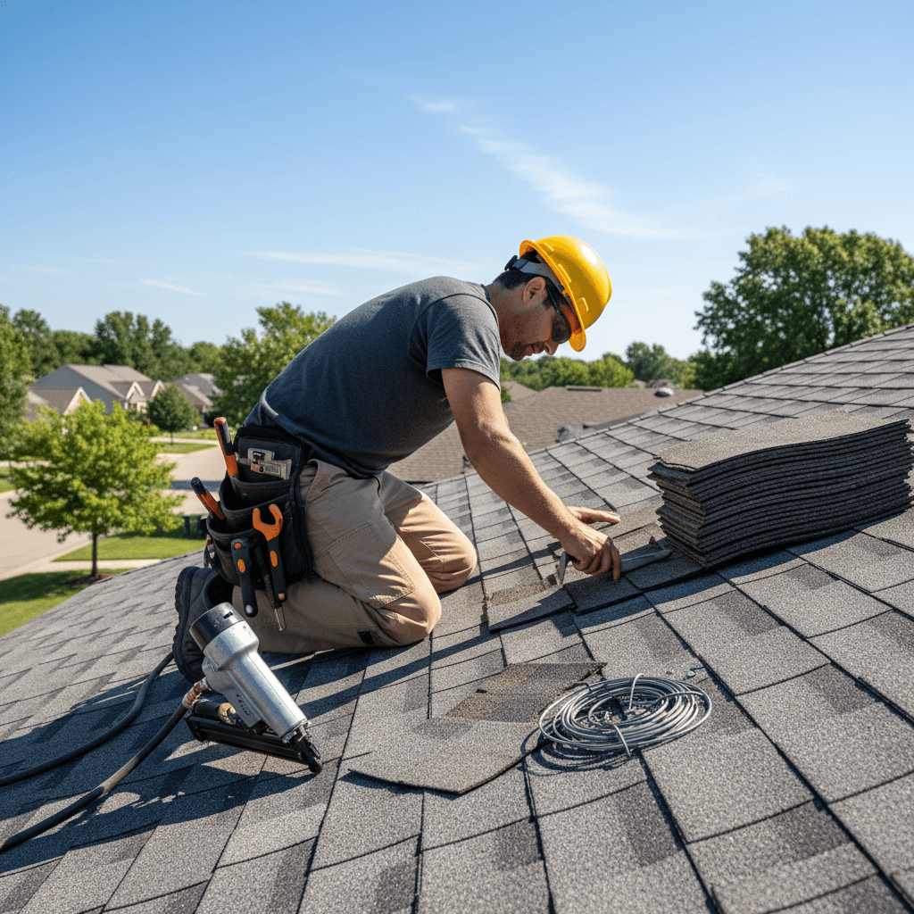 Roofer repairing damaged roof shingles with tools on sunny day