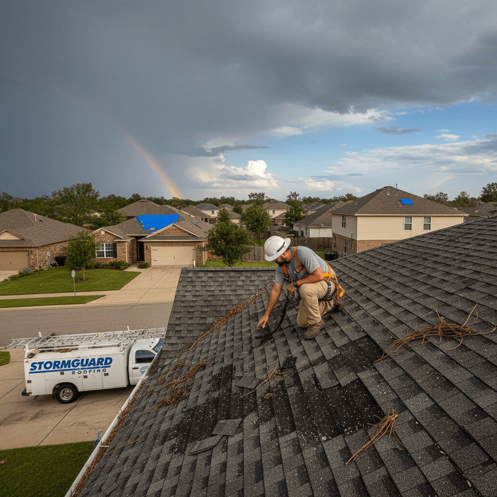 Roofing contractor inspecting asphalt shingle roof after storm damage