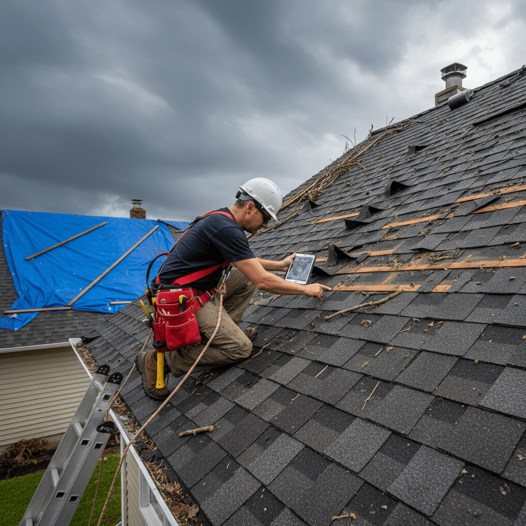 Roofer inspecting damaged asphalt shingles on a residential roof