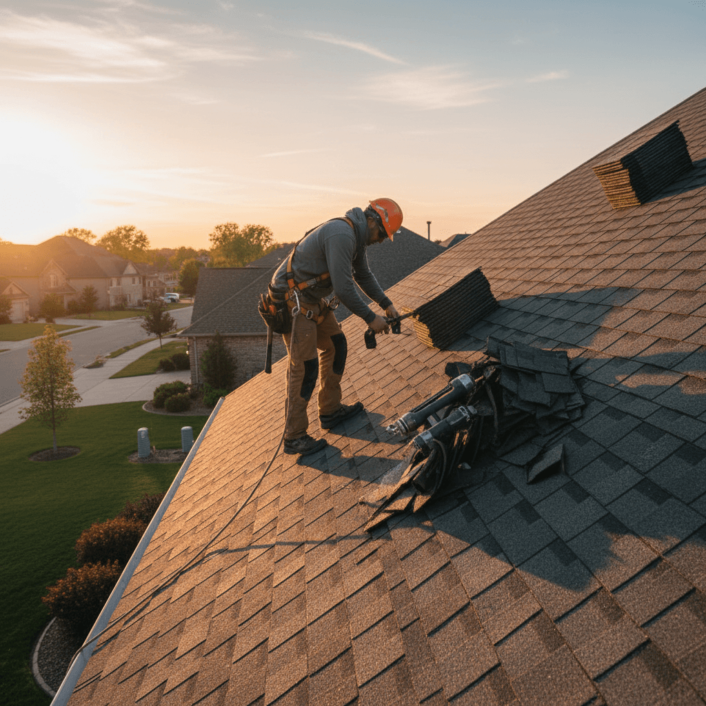 Worker installing new shingles on a steep roof