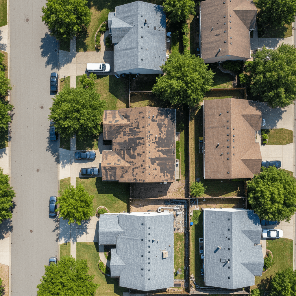 Aerial view of a roof needing repair