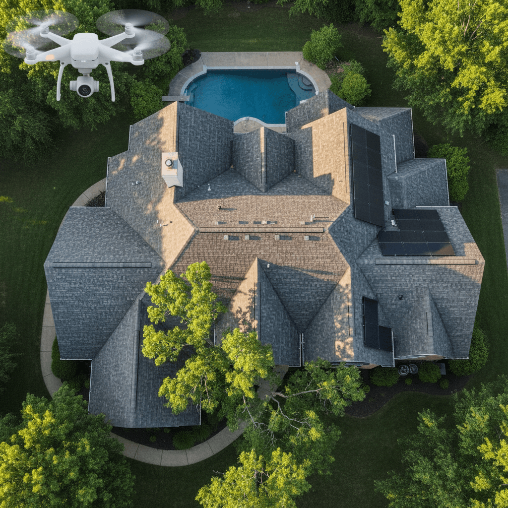 Drone flying over house roof for inspection