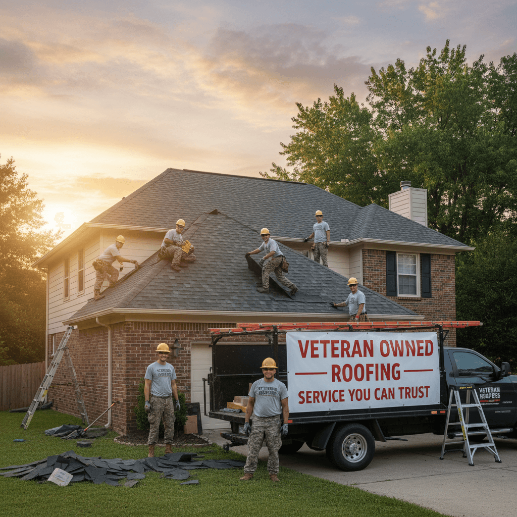 Professional roofing crew replacing shingles on a house roof