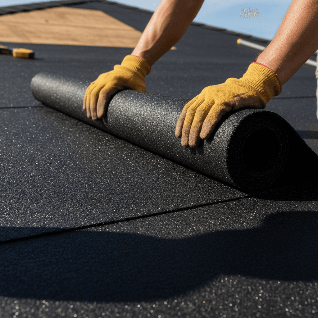 Roofer's gloved hands rolling out black underlayment on a roof