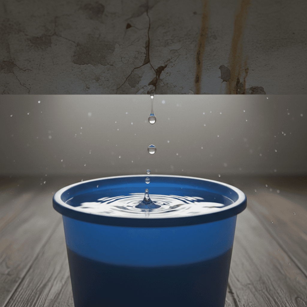Water dripping from a ceiling into a bucket on the floor