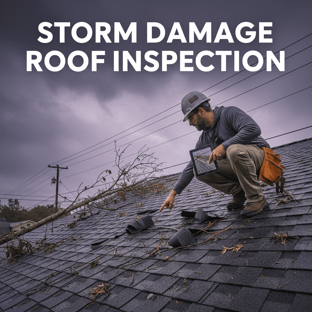 Roofer in work clothes inspecting a residential roof for storm damage