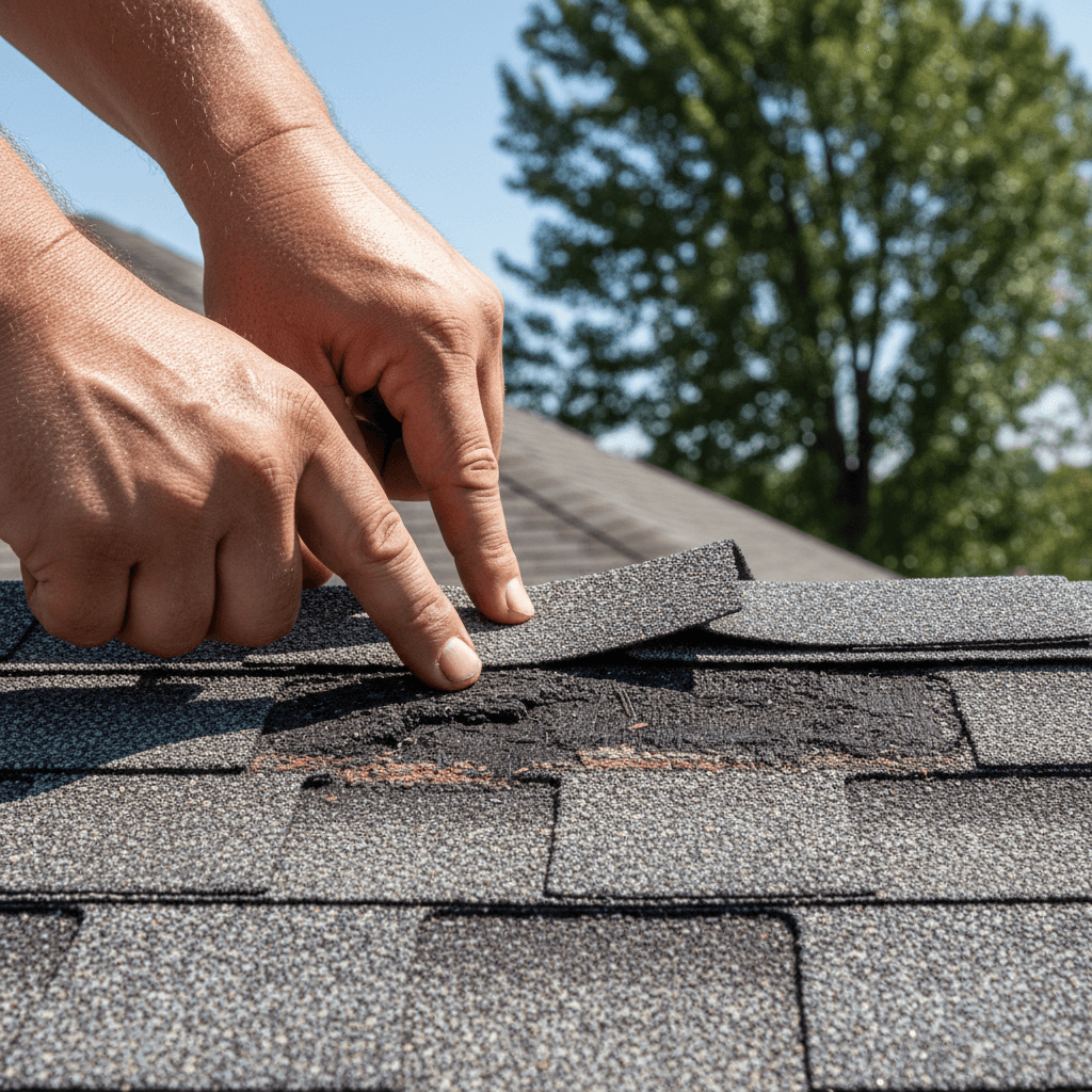 Close-up of storm-damaged roof shingles with granule loss