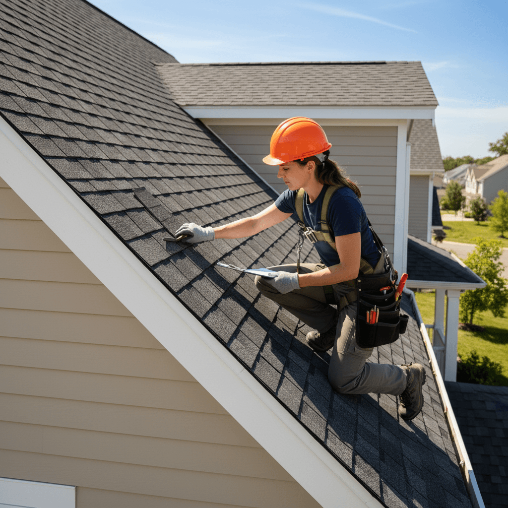 Roofer in work clothes inspecting shingles on a residential house roof