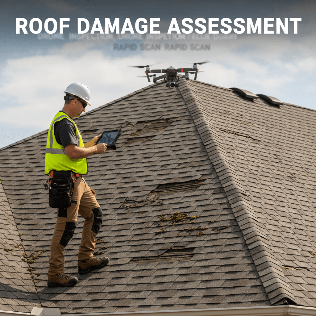 Roofer flying a drone over a house for roof inspection