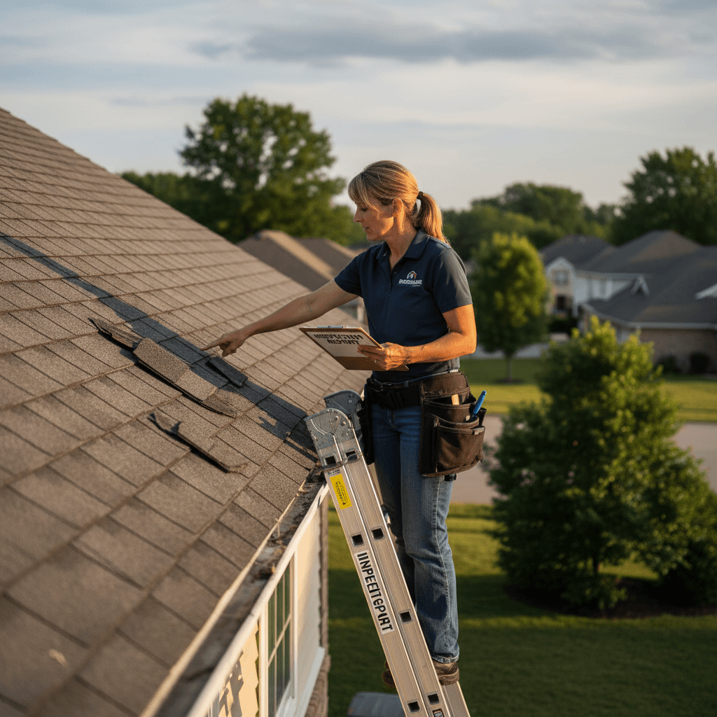 Roofer on a ladder inspecting shingles with a clipboard