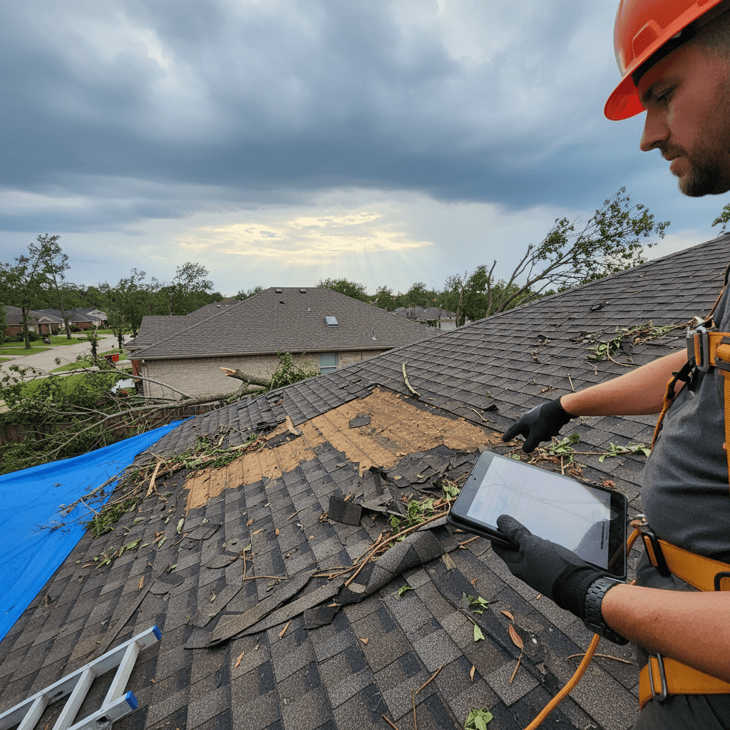 Roofer inspecting asphalt shingles after a storm