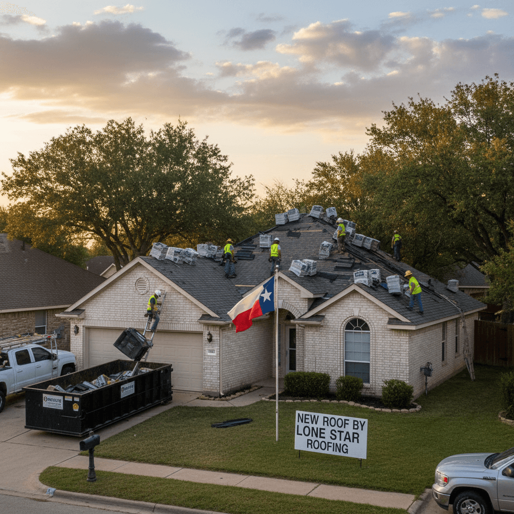 New shingle roof being installed on a suburban home