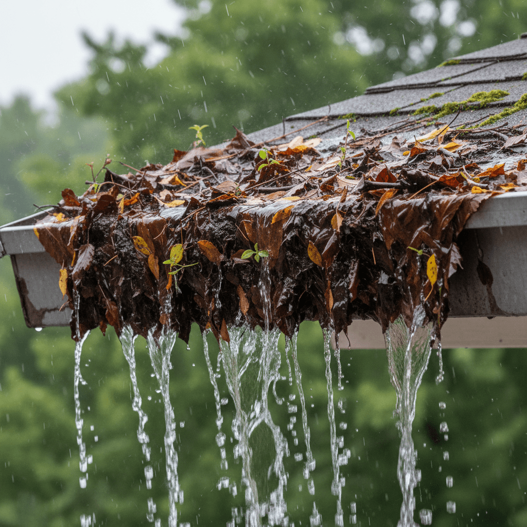 Overflowing gutter from trapped debris behind the leak