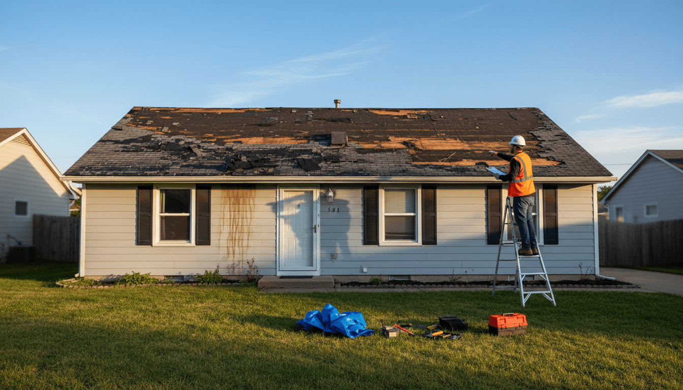 Contractor inspecting a residential roof after a storm
