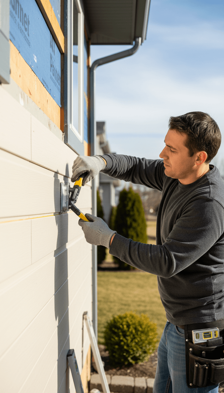 worker installing new siding on a residential home