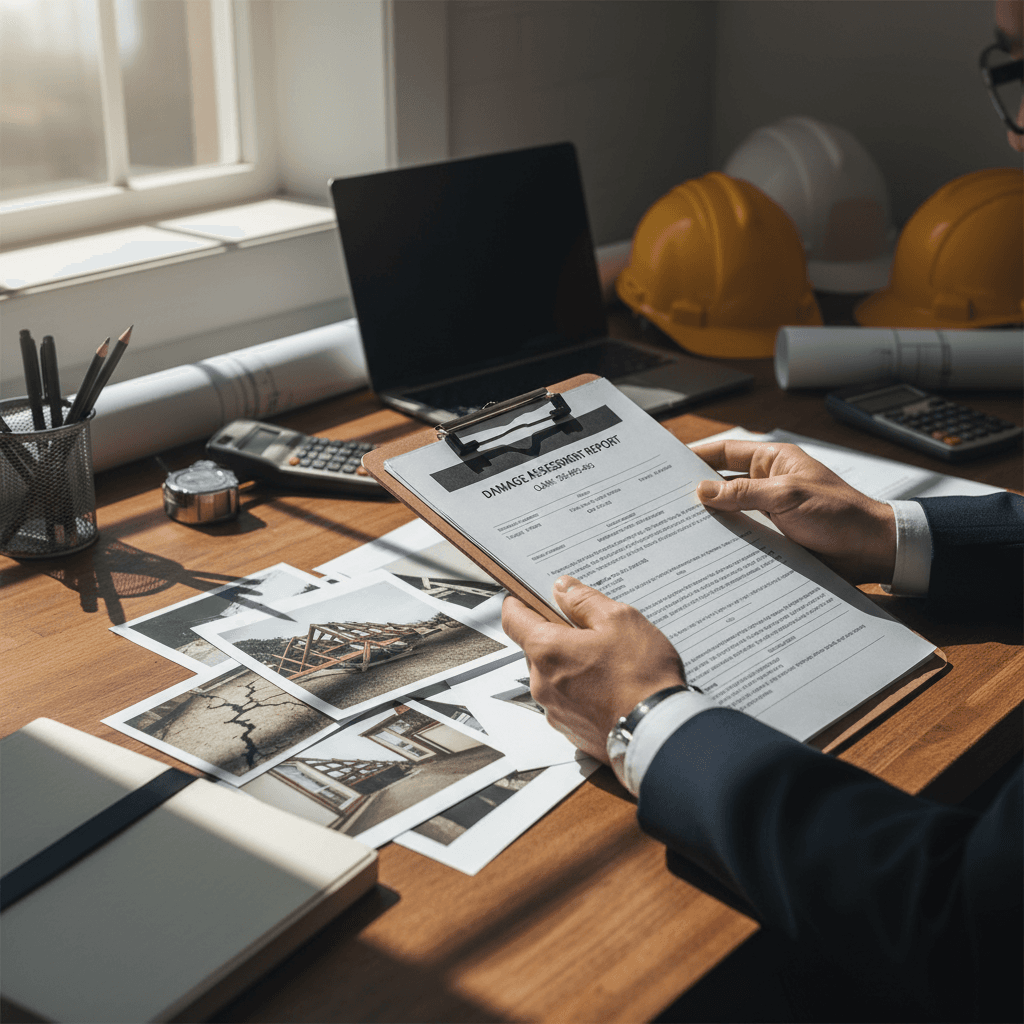 Homeowner reviewing damage documentation with an insurance adjuster
