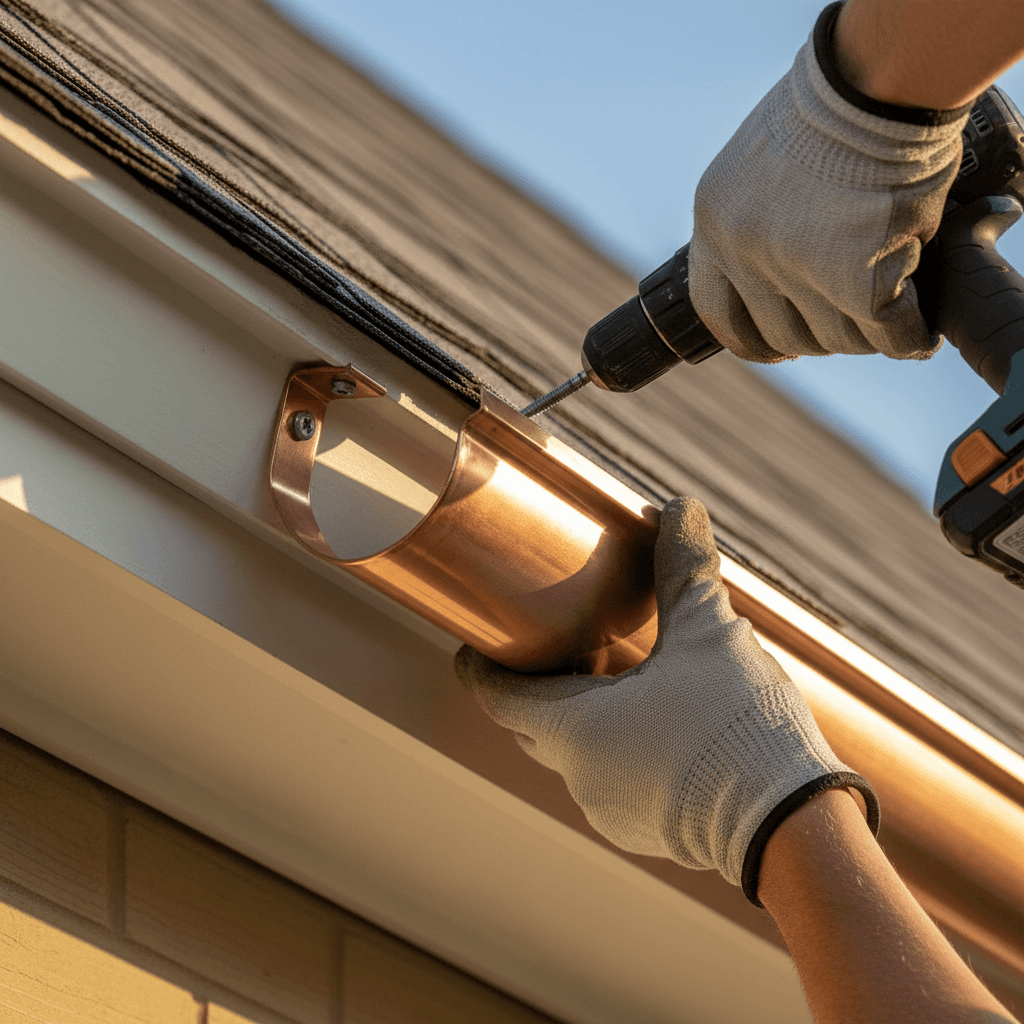Clean seamless gutters installed along a residential roofline