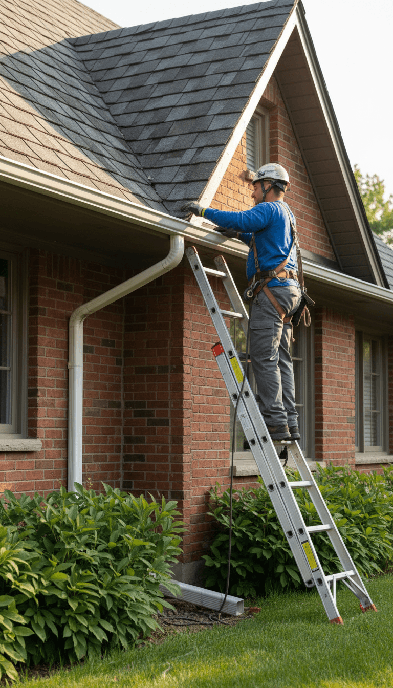 worker repairing gutters on a residential home