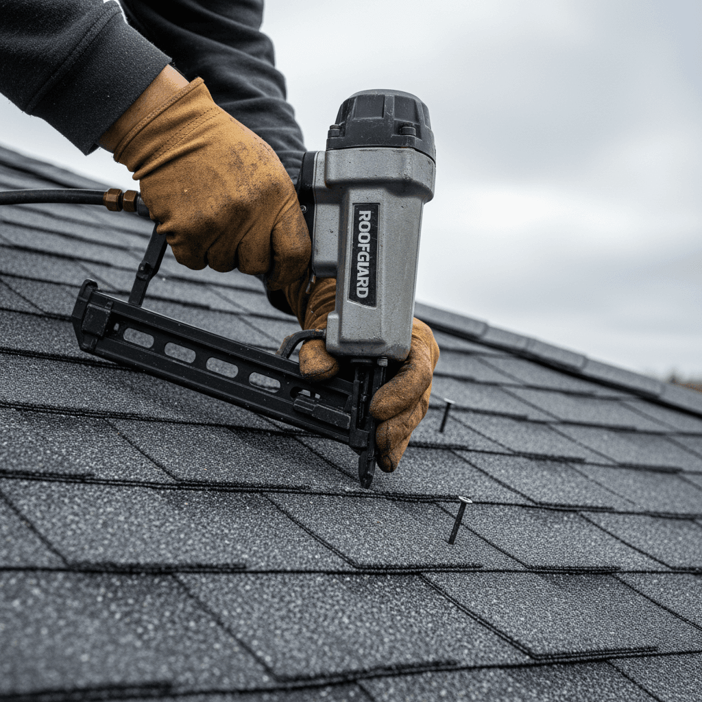 contractor installing new asphalt shingles on a residential roof