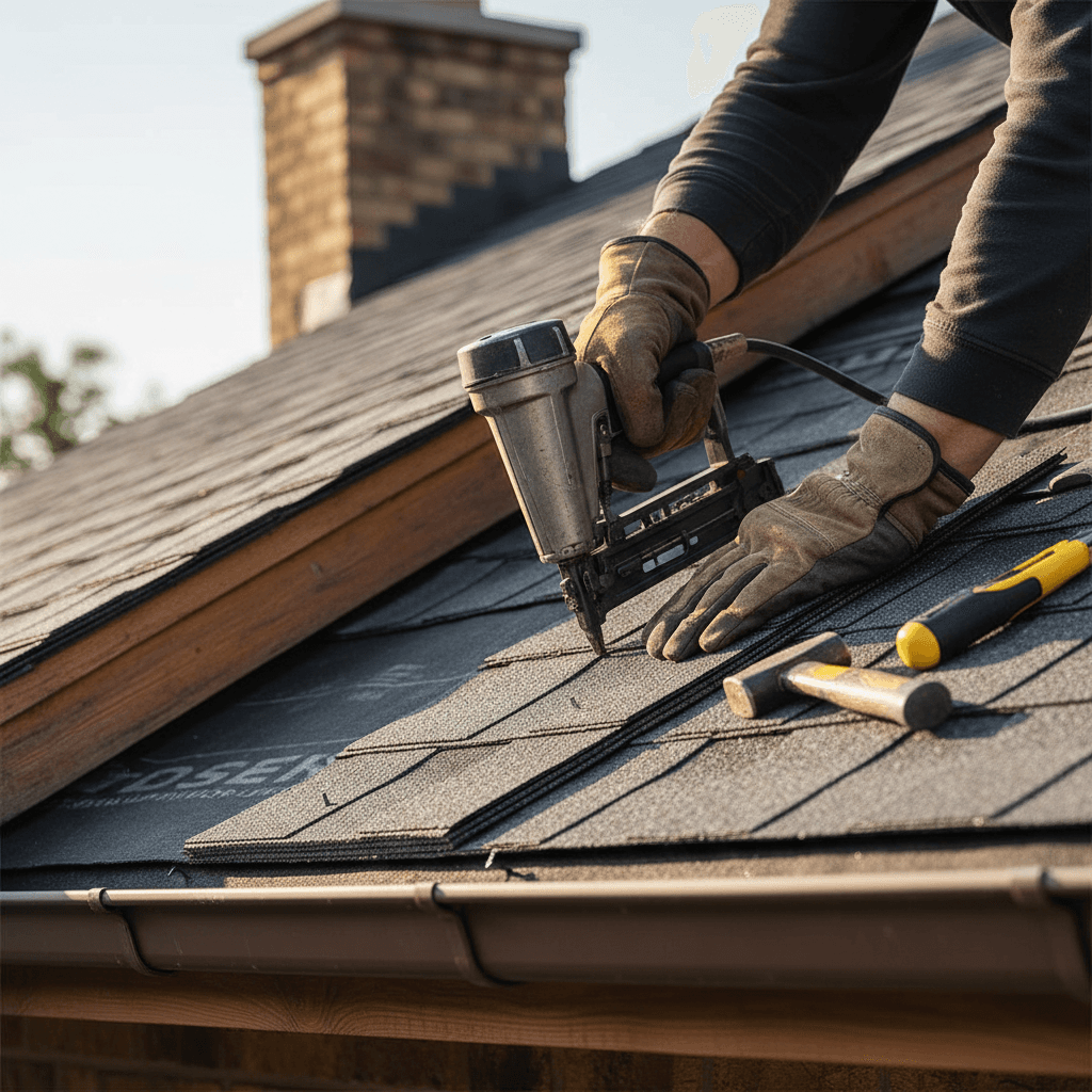 Close-up of new asphalt shingles on a freshly installed roof