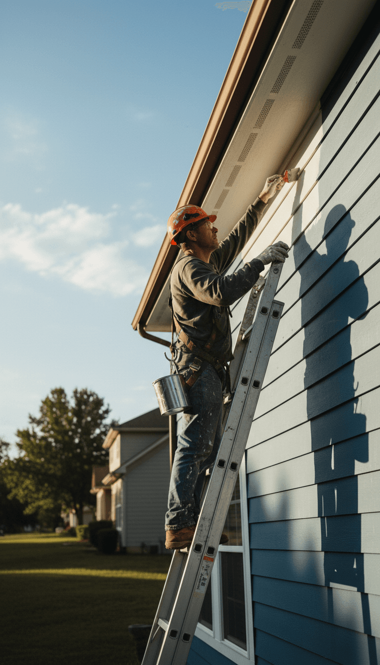worker painting exterior window trim on a two story house