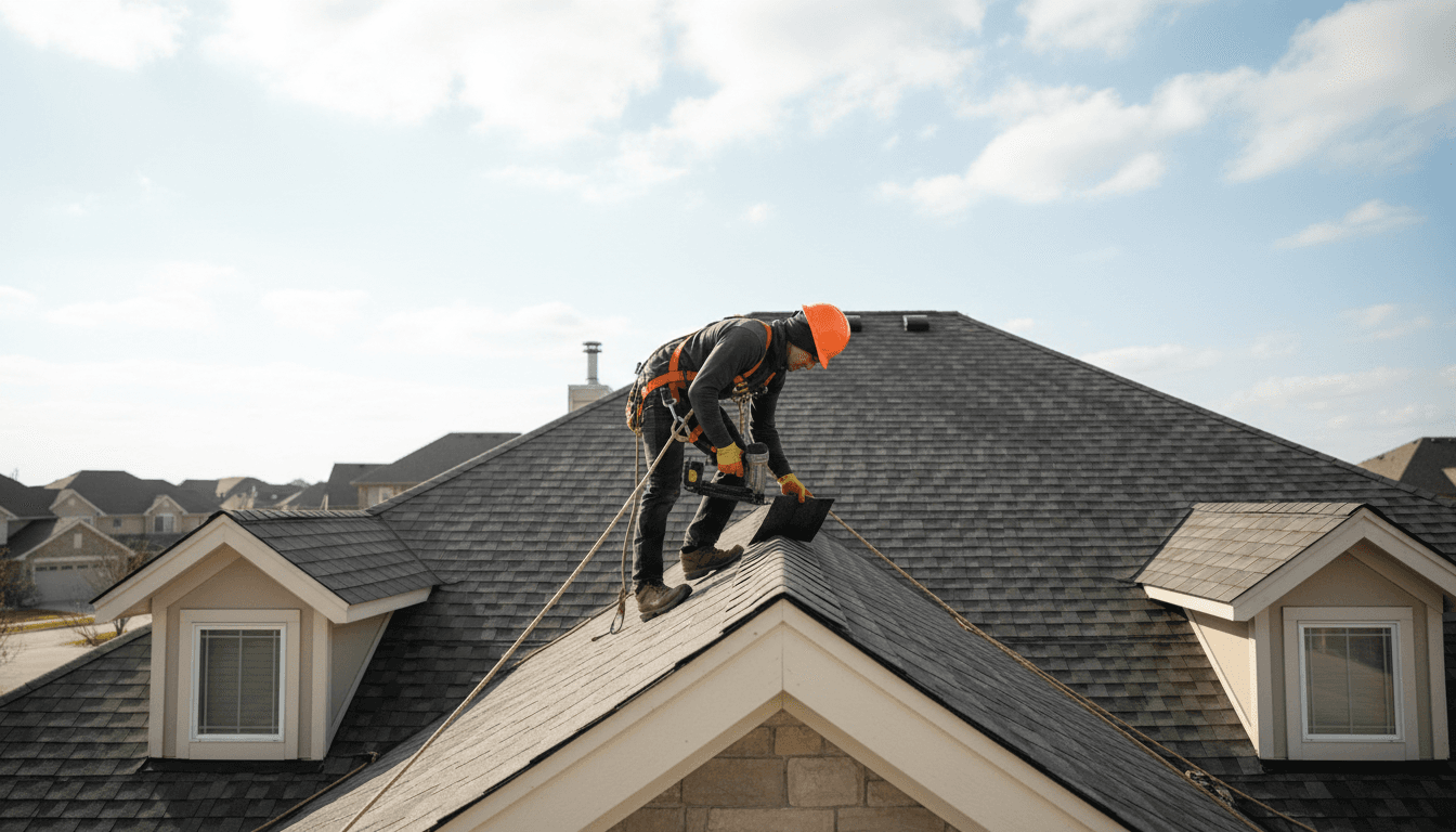 Roofing contractor inspecting a residential roof