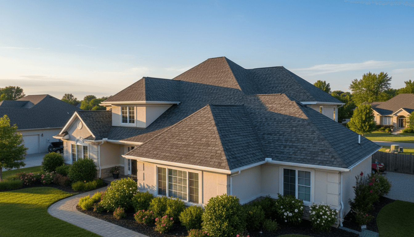 completed new roof on a suburban home with clean gutters