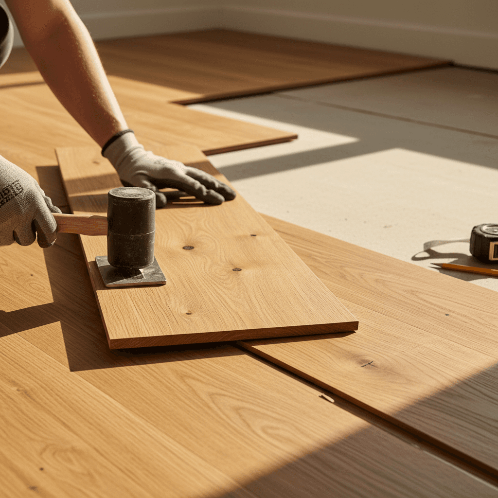 Worker installing hardwood flooring planks in a bright room