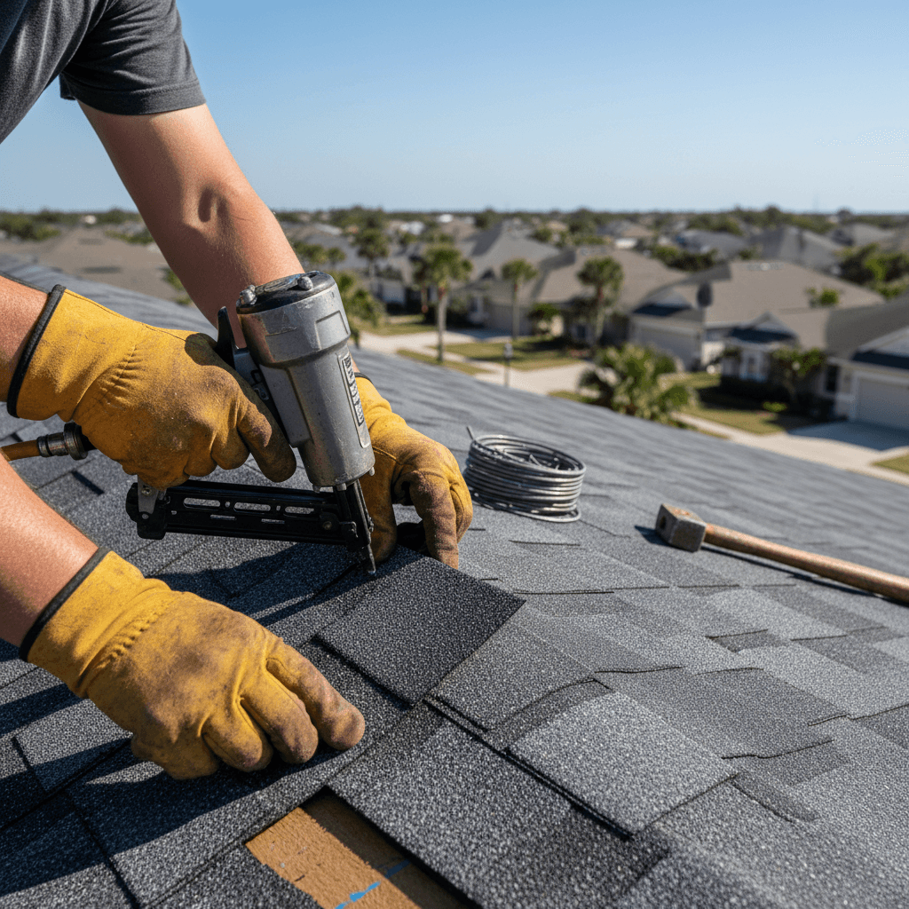 Roofers installing new asphalt shingles on a residential roof