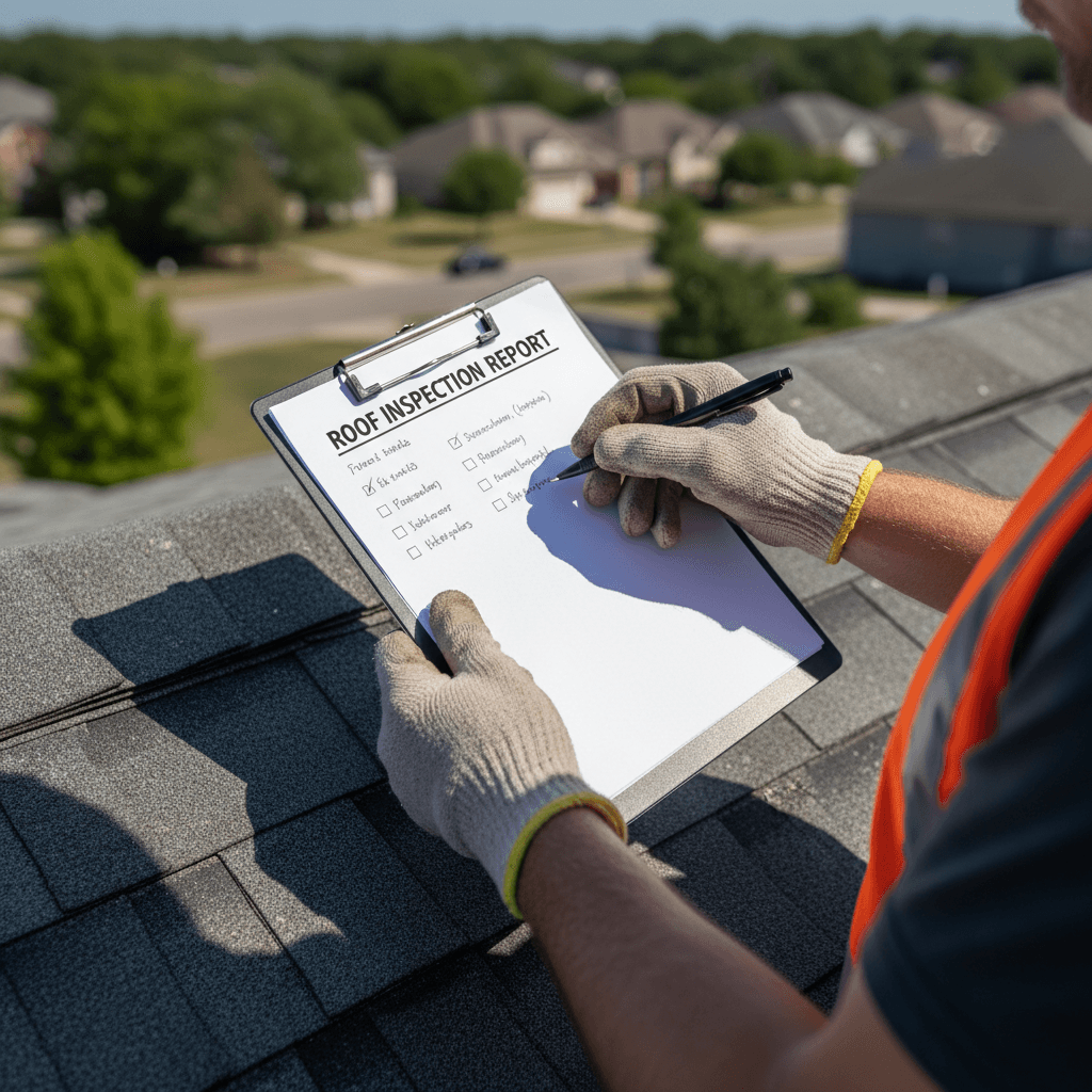 Roofer on a ladder inspecting shingles on a residential roof