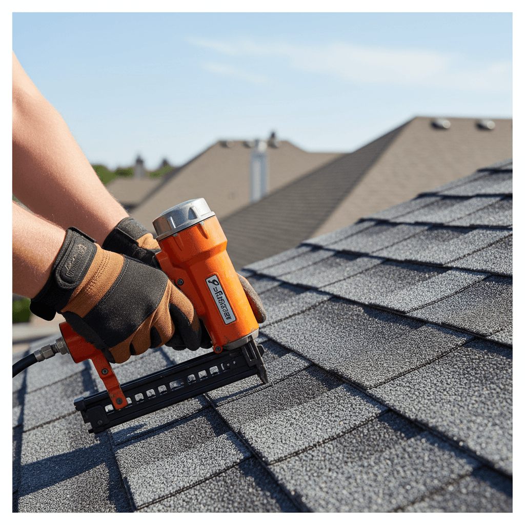 Roofer installing shingles on a residential roof during the day