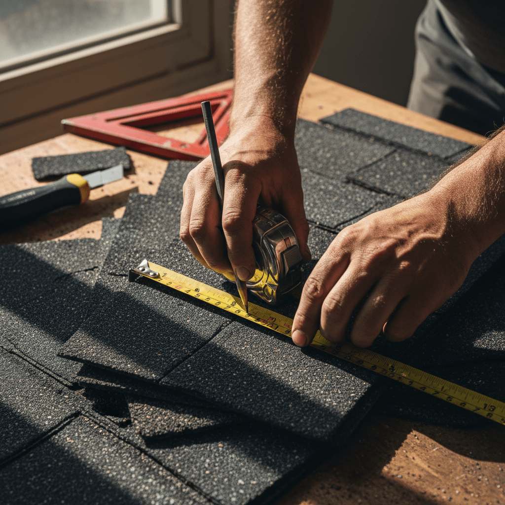 Contractor measuring roof with tape measure on house exterior