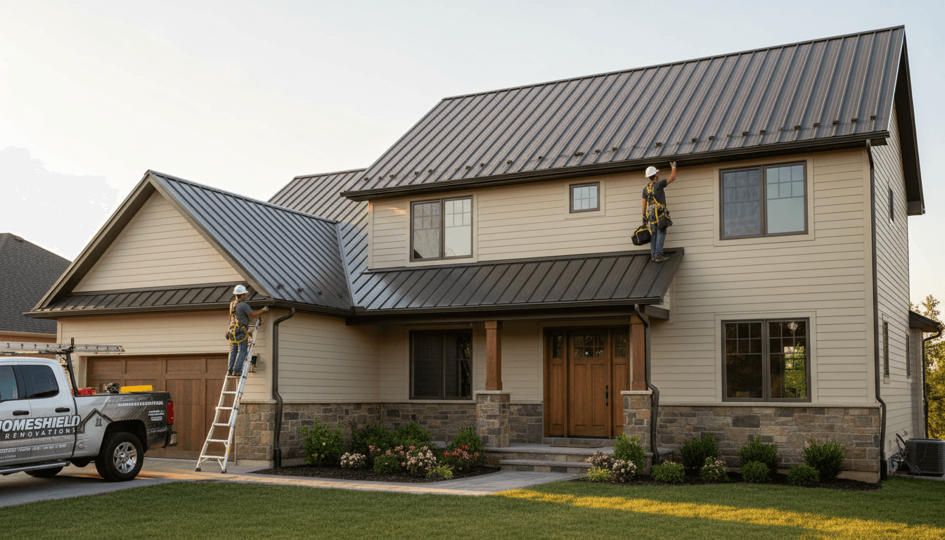 House exterior with new roof and fresh siding in bright daylight