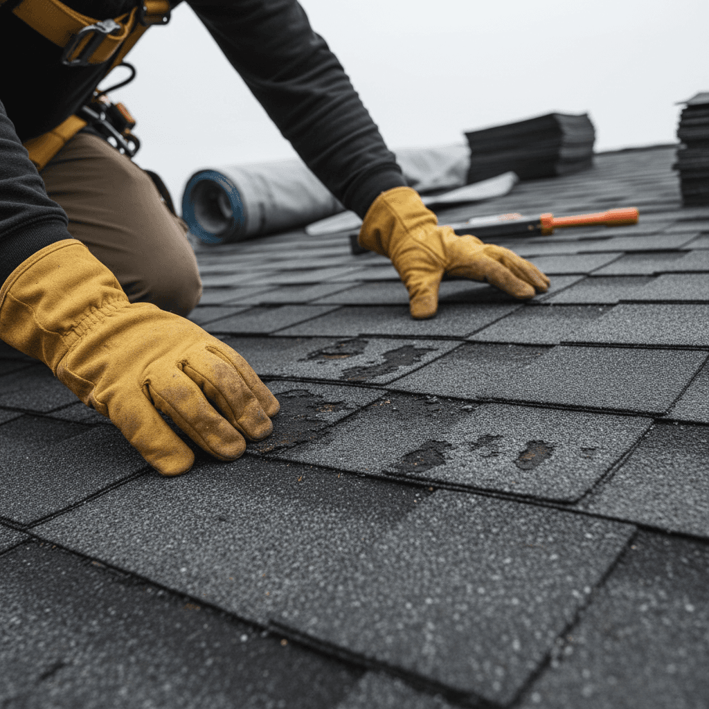 Roofing contractor inspecting asphalt shingles for damage