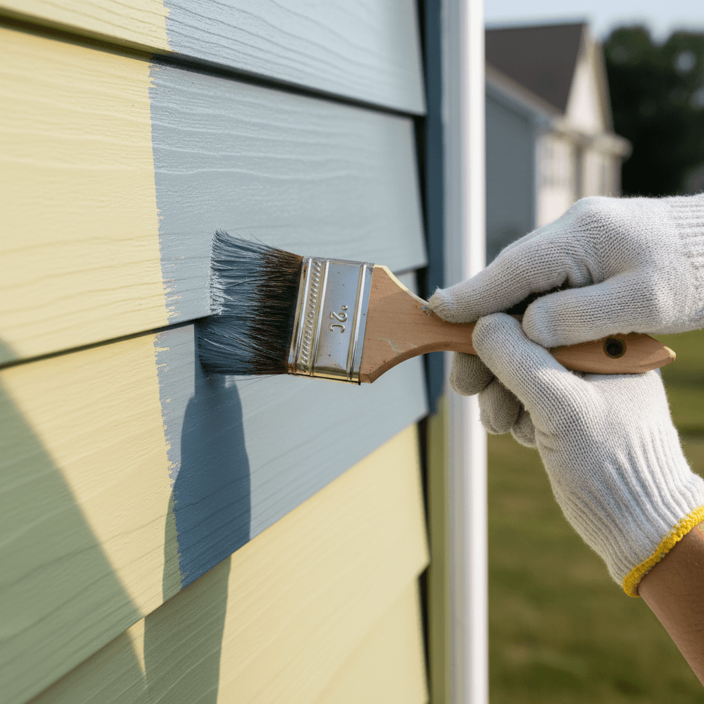 Painter applying fresh paint to exterior house siding