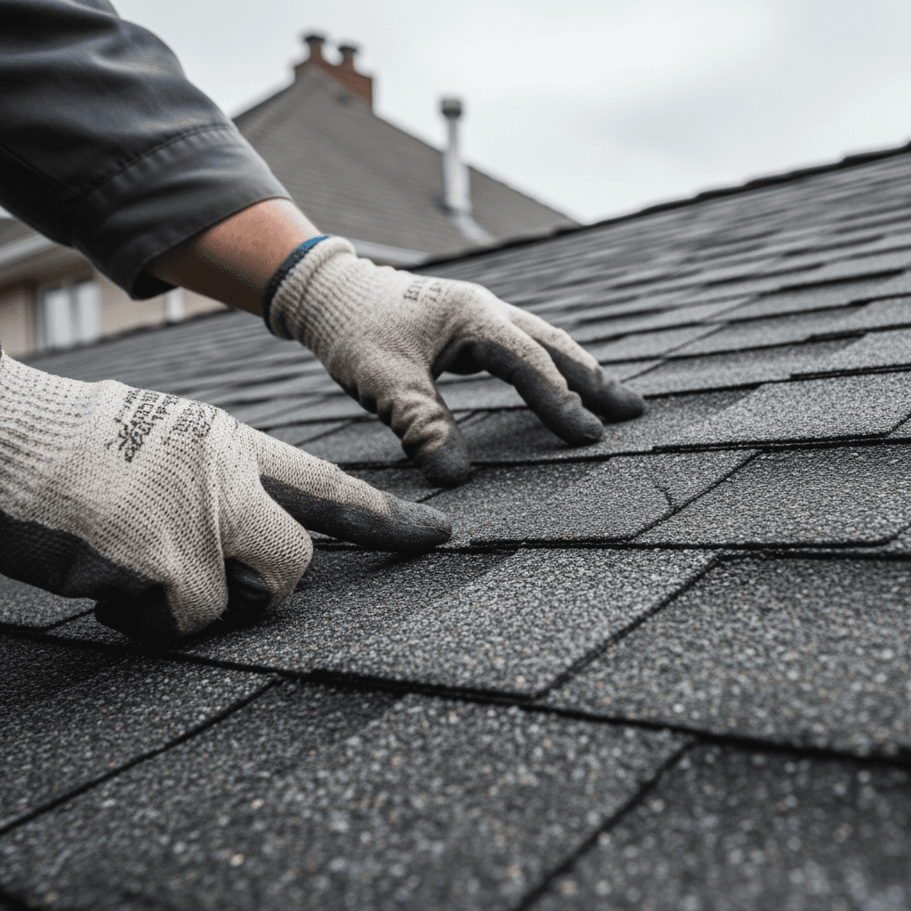 Experienced roofer inspecting shingles on residential roof with professional tools